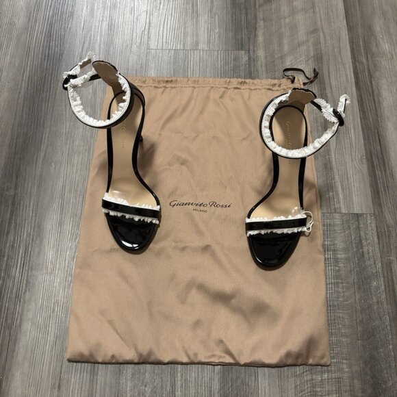 Gianvito Rossi Shoes - Gianvito Rossi Black Patent Leather Heels with White Lace Trim